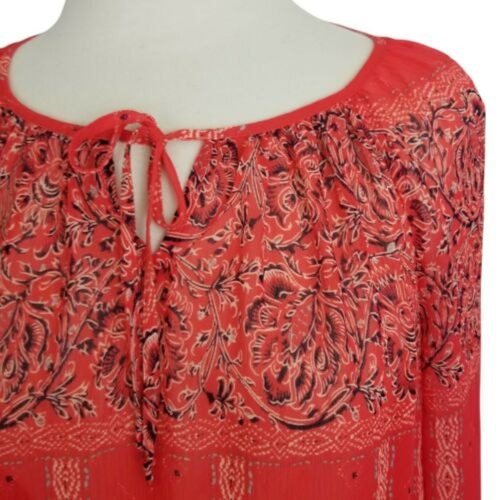 Lucky Brand Orange Blouse Medium Paisley Tie Neck Smocked Waist Top Boho Peasant - Picture 2 of 12